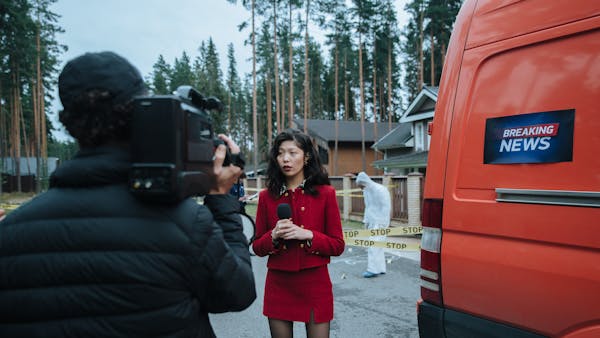 Reporter outdoors at news scene