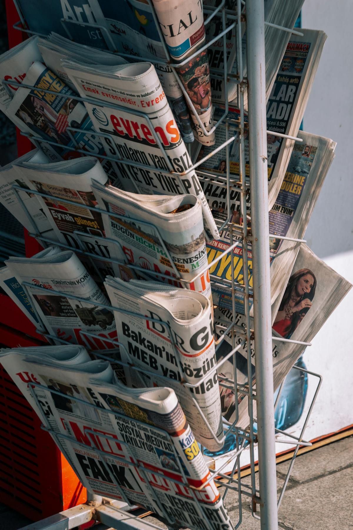 Newspaper stand representing world news coverage